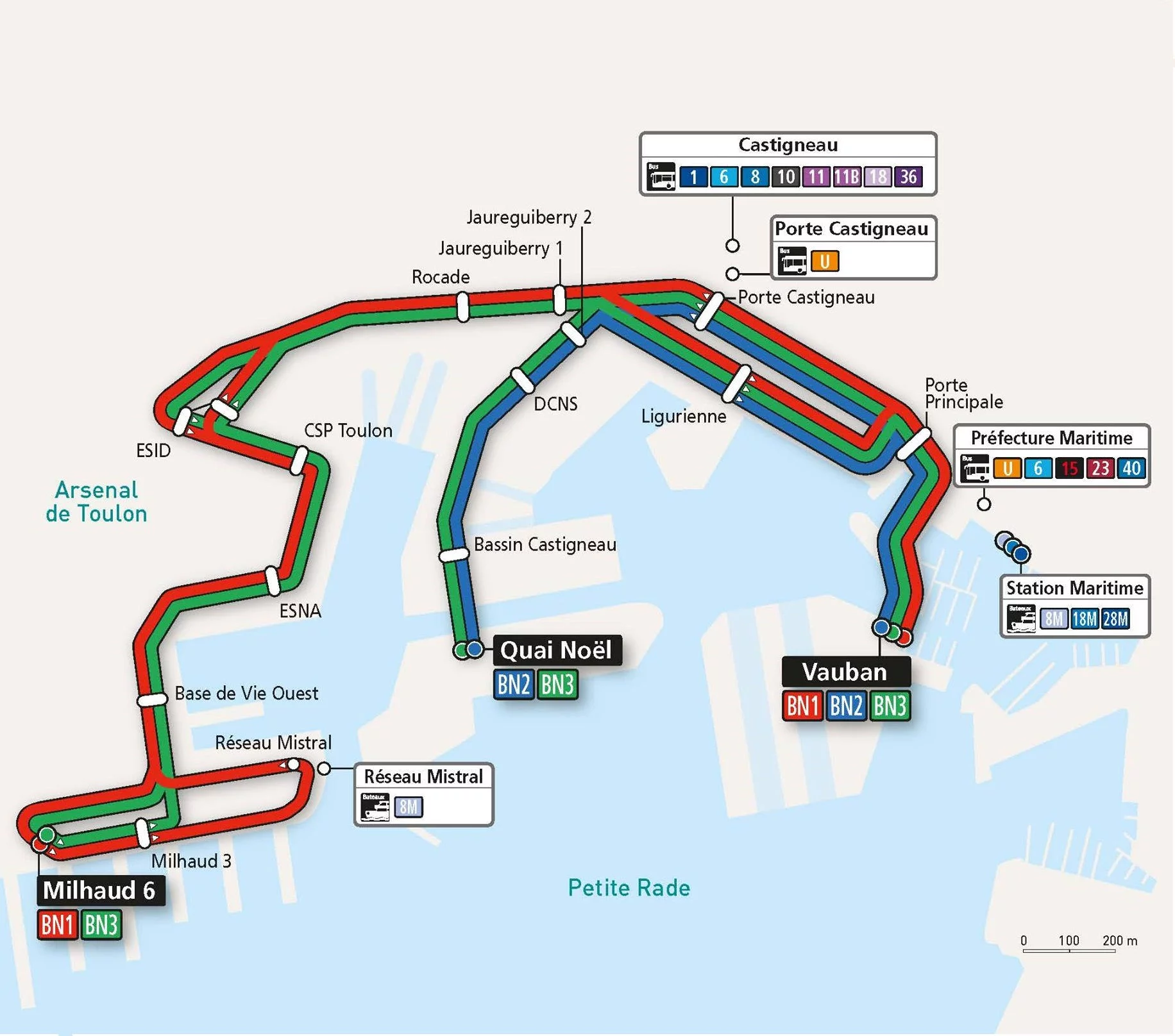 Carte du réseau de transport public dans la Base Navale de Toulon