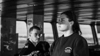 La Lieutenant (junior grade) Megan Grimes en passerelle de L'Astrolabe